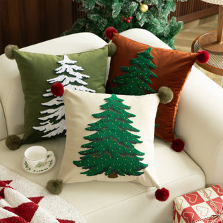 Conjunto clássico de almofadas de árvore de Natal bordado com design natalino com detalhes em pompom