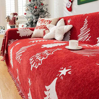 Capa de sofá Chenille Feliz Natal, vermelha festiva com design de árvores e estrelas para decoração natalina