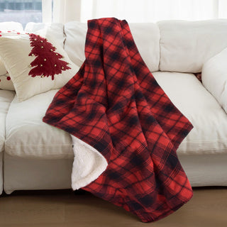 Cobertor xadrez reversível Sherpa, aconchegante tartan vermelho e preto com calor festivo natalino