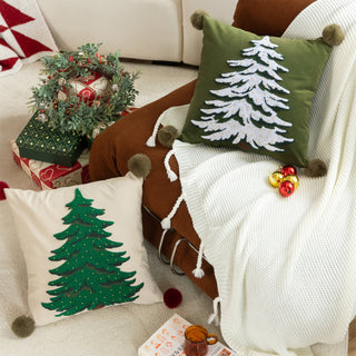 Conjunto clássico de almofadas de árvore de Natal bordado com design natalino com detalhes em pompom