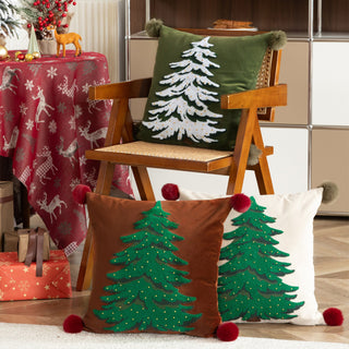 Conjunto clássico de almofadas de árvore de Natal bordado com design natalino com detalhes em pompom