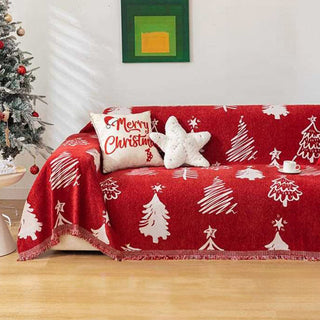 Capa de sofá Chenille Feliz Natal, vermelha festiva com design de árvores e estrelas para decoração natalina