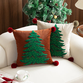 Conjunto clássico de almofadas de árvore de Natal bordado com design natalino com detalhes em pompom