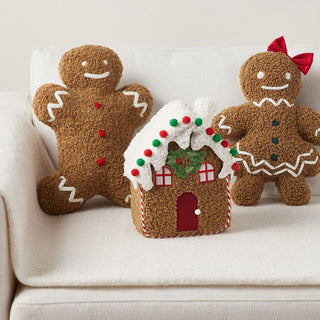 Almofada aconchegante Gingerbread House com pom-pom Candy Cane e detalhes natalinos