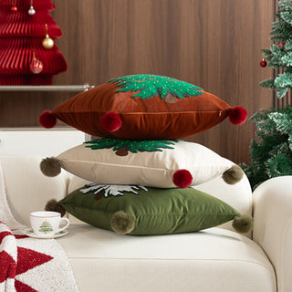 Conjunto clássico de almofadas de árvore de Natal bordado com design natalino com detalhes em pompom