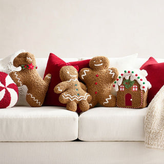 Almofada aconchegante Gingerbread House com pom-pom Candy Cane e detalhes natalinos