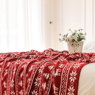 Cobertor nórdico tricotado com design festivo de floco de neve e rena para decoração aconchegante de Natal