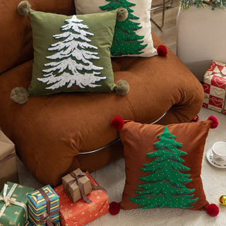Conjunto clássico de almofadas de árvore de Natal bordado com design natalino com detalhes em pompom