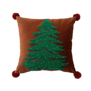 Conjunto clássico de almofadas de árvore de Natal bordado com design natalino com detalhes em pompom